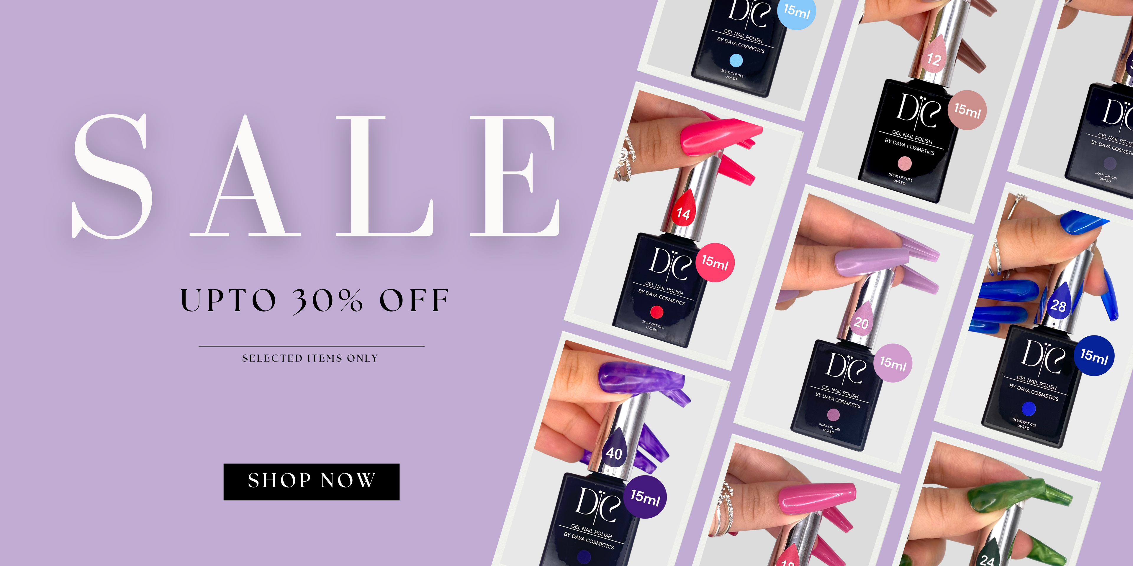 Advertisement for a sale on nail polish with 'SHOP NOW' button on a purple background.